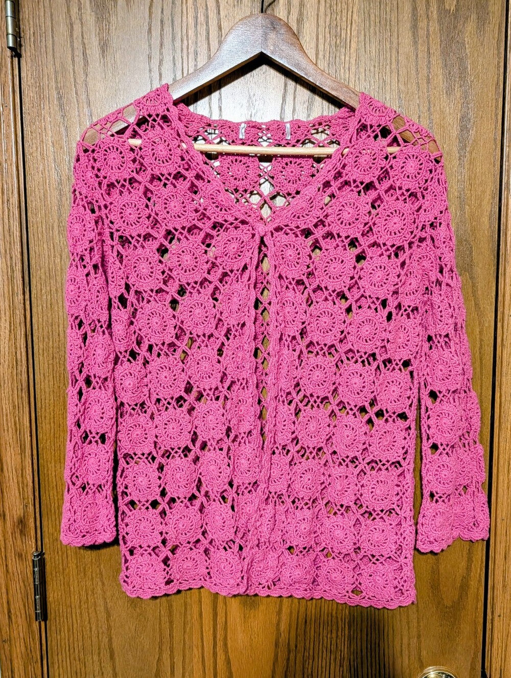Vintage Pink Crochet Cardigan Open Knit Medallion Flare Sleeve Top M/L